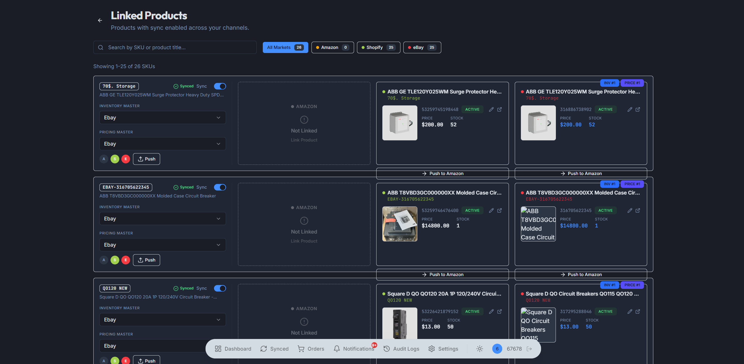 Synced products showing linked listings across all channels
