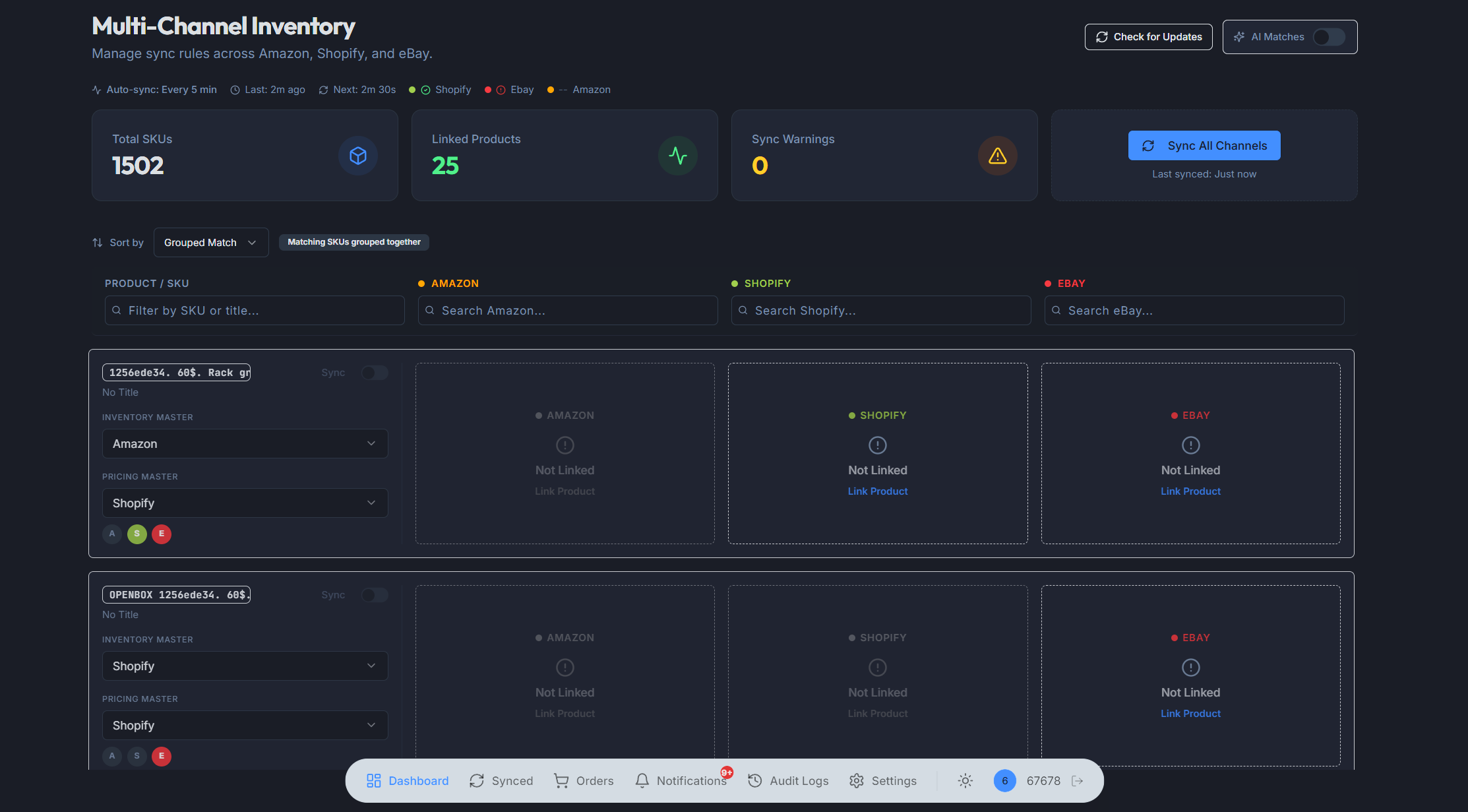 Dashboard showing sync controls and priority settings
