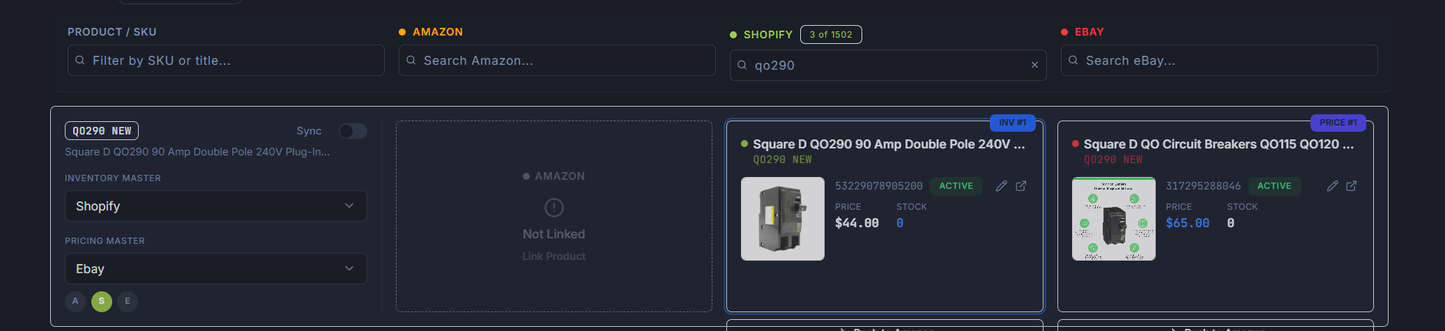 Manual product matching by searching SKU across Shopify and eBay channels
